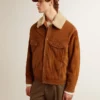 Herrenjacke aus tabakfarbenem Spaltleder mit Lammfellkragen