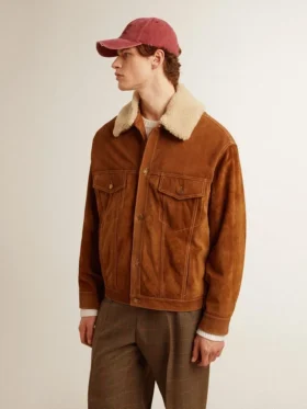Herrenjacke aus tabakfarbenem Spaltleder mit Lammfellkragen