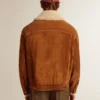 Herrenjacke aus tabakfarbenem Spaltleder mit Lammfellkragen