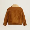 Herrenjacke aus tabakfarbenem Spaltleder mit Lammfellkragen