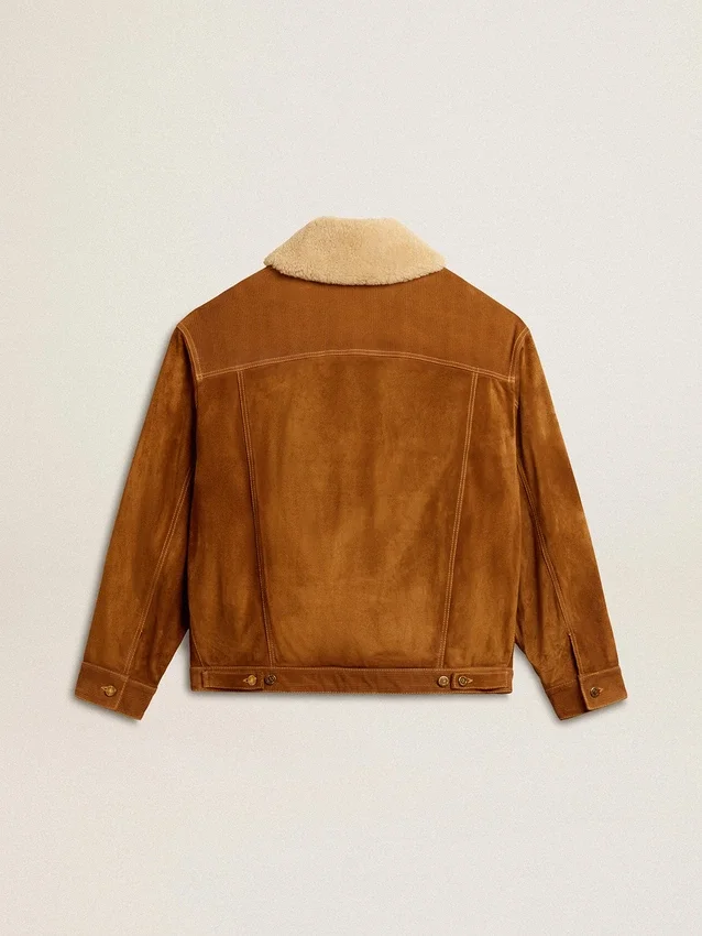 Herrenjacke aus tabakfarbenem Spaltleder mit Lammfellkragen