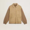 Herrenjacke aus travertinfarbenem Nubukleder mit Ärmeln und Rücken aus Wollmischung