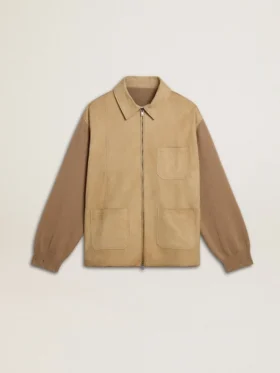 Herrenjacke aus travertinfarbenem Nubukleder mit Ärmeln und Rücken aus Wollmischung
