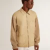 Herrenjacke aus travertinfarbenem Nubukleder mit Ärmeln und Rücken aus Wollmischung