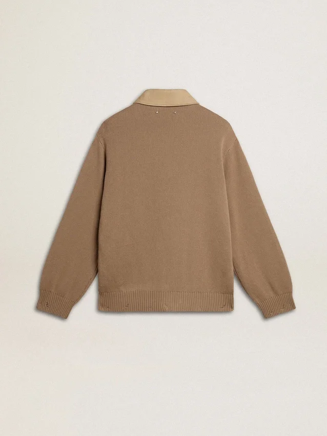 Herrenjacke aus travertinfarbenem Nubukleder mit Ärmeln und Rücken aus Wollmischung