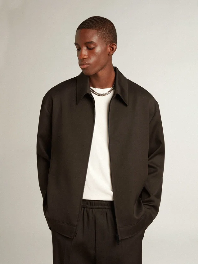 Herrenjacke mit Reissverschluss aus schwarzem Wollgabardine