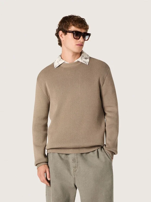 Herrenpullover aus helltaupefarbener Bio-Baumwolle mit gesticktem Logo