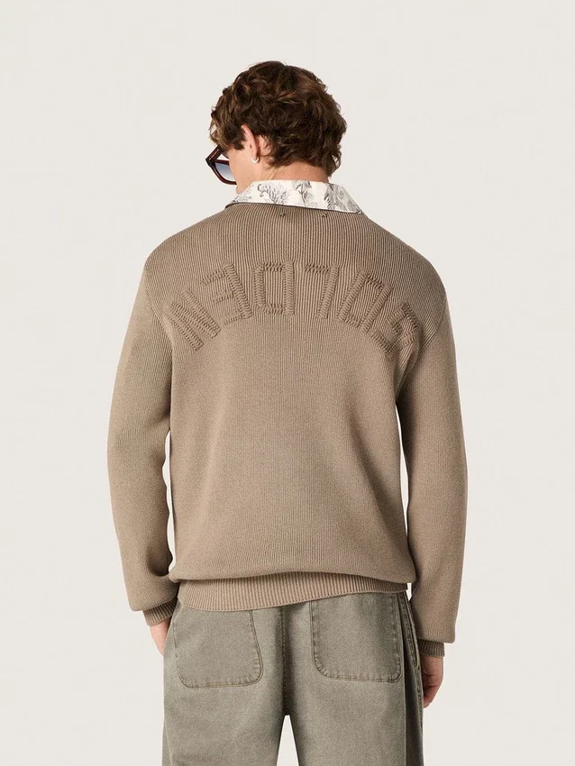 Herrenpullover aus helltaupefarbener Bio-Baumwolle mit gesticktem Logo