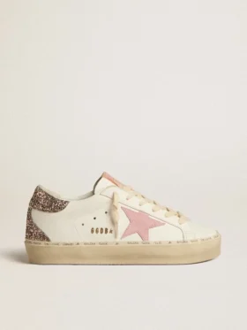 Hi Star aus weissem Leder mit rosa Stern aus Wildleder und rosa Glitzer-Fersenlasche