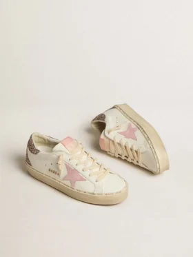 Hi Star aus weissem Leder mit rosa Stern aus Wildleder und rosa Glitzer-Fersenlasche