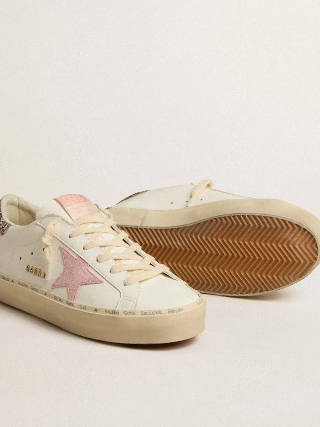 Hi Star aus weissem Leder mit rosa Stern aus Wildleder und rosa Glitzer-Fersenlasche