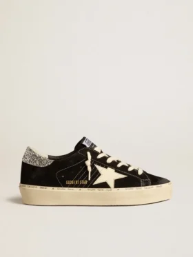 Hi Star für Damen aus schwarzem Leder mit silbernem Glitzer-Fersenlasche