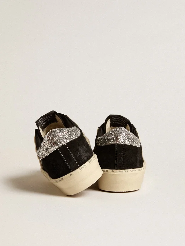 Hi Star für Damen aus schwarzem Leder mit silbernem Glitzer-Fersenlasche