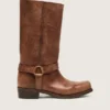 Hohe Biker-Stiefel für Damen aus braunem Leder mit Riemen und antik-goldfarbener Schnalle