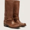 Hohe Biker-Stiefel für Damen aus braunem Leder mit Riemen und antik-goldfarbener Schnalle