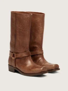 Hohe Biker-Stiefel für Damen aus braunem Leder mit Riemen und antik-goldfarbener Schnalle
