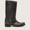 Hohe Biker-Stiefel für Damen aus schwarzem Leder mit Riemen und silberfarbener Schnalle