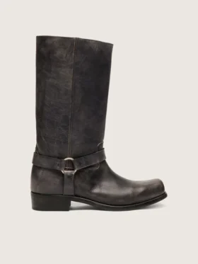 Hohe Biker-Stiefel für Damen aus schwarzem Leder mit Riemen und silberfarbener Schnalle