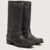 Hohe Biker-Stiefel für Damen aus schwarzem Leder mit Riemen und silberfarbener Schnalle