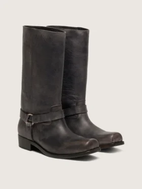 Hohe Biker-Stiefel für Damen aus schwarzem Leder mit Riemen und silberfarbener Schnalle