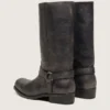 Hohe Biker-Stiefel für Damen aus schwarzem Leder mit Riemen und silberfarbener Schnalle
