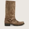 Hohe Damen-Biker-Stiefel aus dunkelbeigem, gewachstem Wildleder mit Riemen und silberfarbener Schnalle
