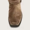 Hohe Damen-Biker-Stiefel aus dunkelbeigem, gewachstem Wildleder mit Riemen und silberfarbener Schnalle