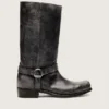 Hohe Herren-Biker-Stiefel aus schwarzem Leder mit Riemen und silberfarbener Schnalle