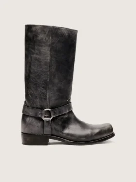 Hohe Herren-Biker-Stiefel aus schwarzem Leder mit Riemen und silberfarbener Schnalle