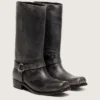 Hohe Herren-Biker-Stiefel aus schwarzem Leder mit Riemen und silberfarbener Schnalle