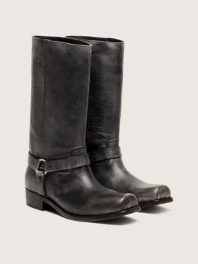 Hohe Herren-Biker-Stiefel aus schwarzem Leder mit Riemen und silberfarbener Schnalle