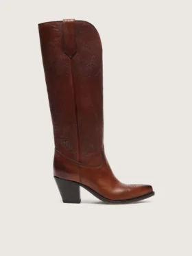 Hohe «Wish Star»-Damenstiefel aus braunem Leder mit Blumenstickerei