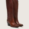 Hohe «Wish Star»-Damenstiefel aus braunem Leder mit Blumenstickerei