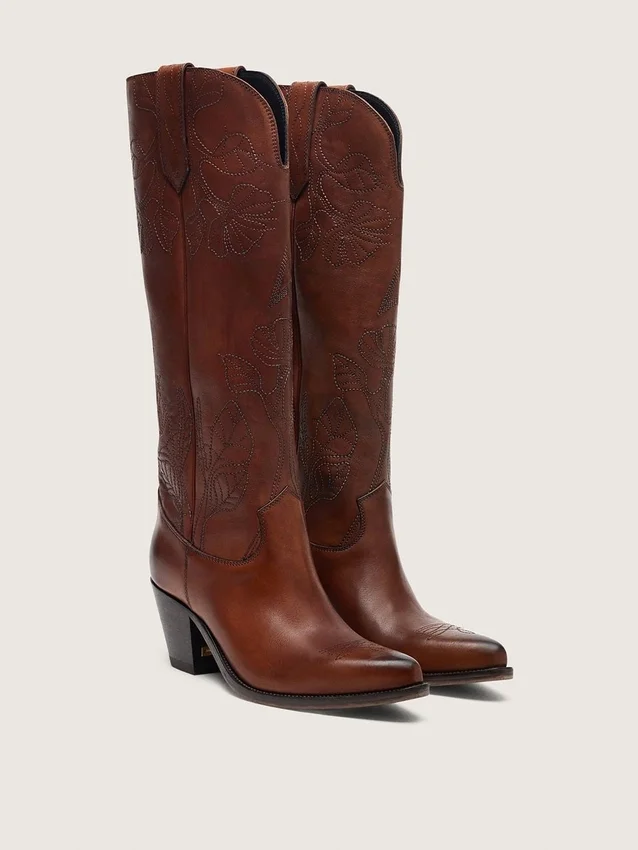 Hohe «Wish Star»-Damenstiefel aus braunem Leder mit Blumenstickerei