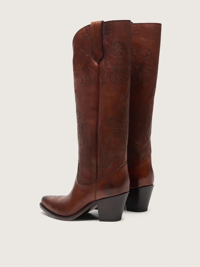 Hohe «Wish Star»-Damenstiefel aus braunem Leder mit Blumenstickerei