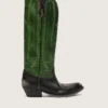 Hohe Wish Star-Damenstiefel aus schwarzem Leder mit grünem Lederschaft und weisser Stickerei