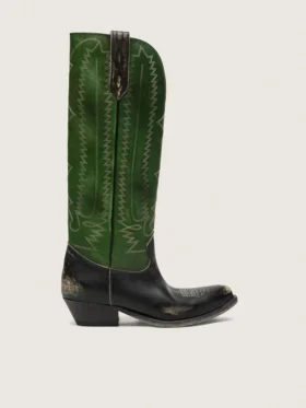Hohe Wish Star-Damenstiefel aus schwarzem Leder mit grünem Lederschaft und weisser Stickerei
