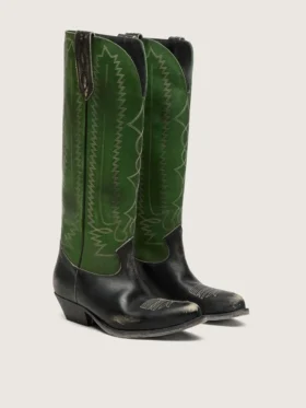 Hohe Wish Star-Damenstiefel aus schwarzem Leder mit grünem Lederschaft und weisser Stickerei