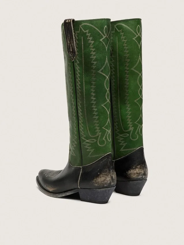 Hohe Wish Star-Damenstiefel aus schwarzem Leder mit grünem Lederschaft und weisser Stickerei
