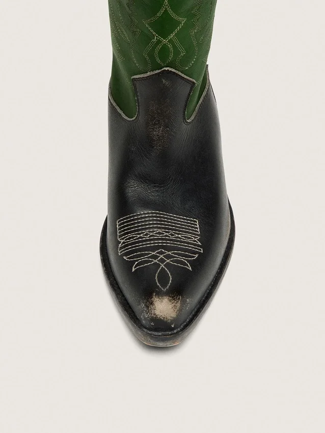 Hohe Wish Star-Damenstiefel aus schwarzem Leder mit grünem Lederschaft und weisser Stickerei