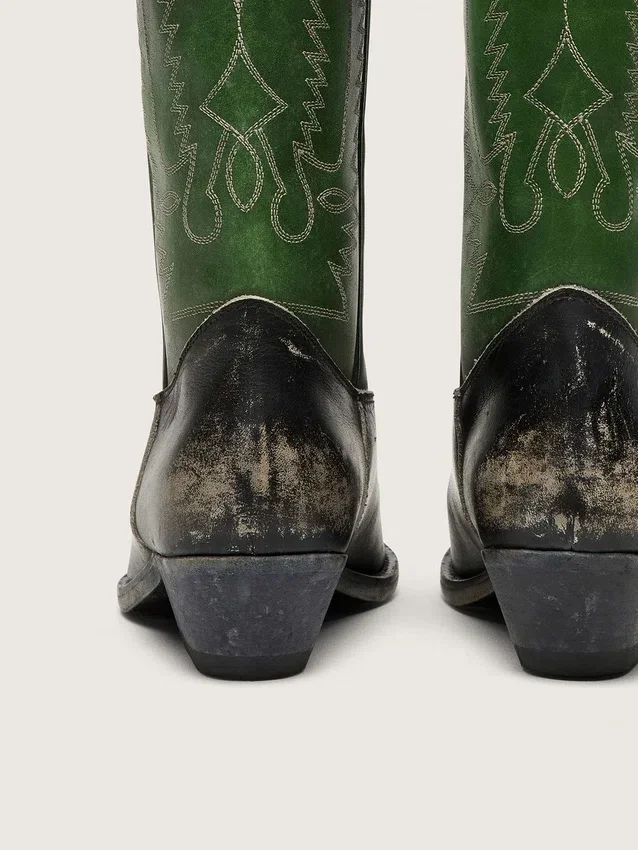 Hohe Wish Star-Damenstiefel aus schwarzem Leder mit grünem Lederschaft und weisser Stickerei