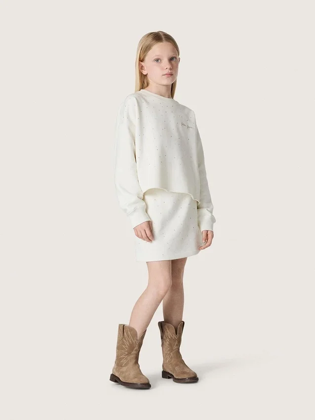 Journey-Mädchen-Sweatshirt aus weisser Baumwolle mit Kristallen und Logo