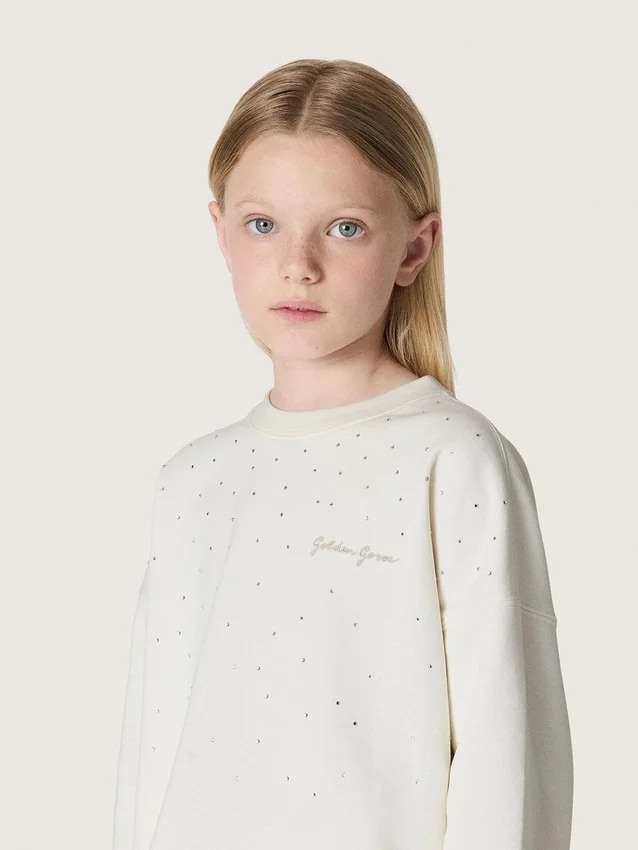 Journey-Mädchen-Sweatshirt aus weisser Baumwolle mit Kristallen und Logo