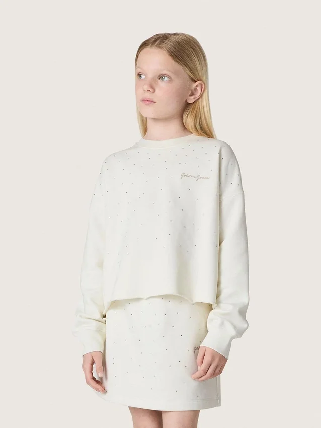 Journey-Mädchen-Sweatshirt aus weisser Baumwolle mit Kristallen und Logo