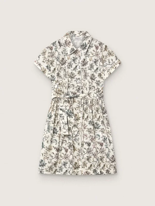 Journey-Mädchenkleid aus weissem Baumwoll-Canvas mit grünem Blumenprint