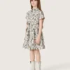 Journey-Mädchenkleid aus weissem Baumwoll-Canvas mit grünem Blumenprint