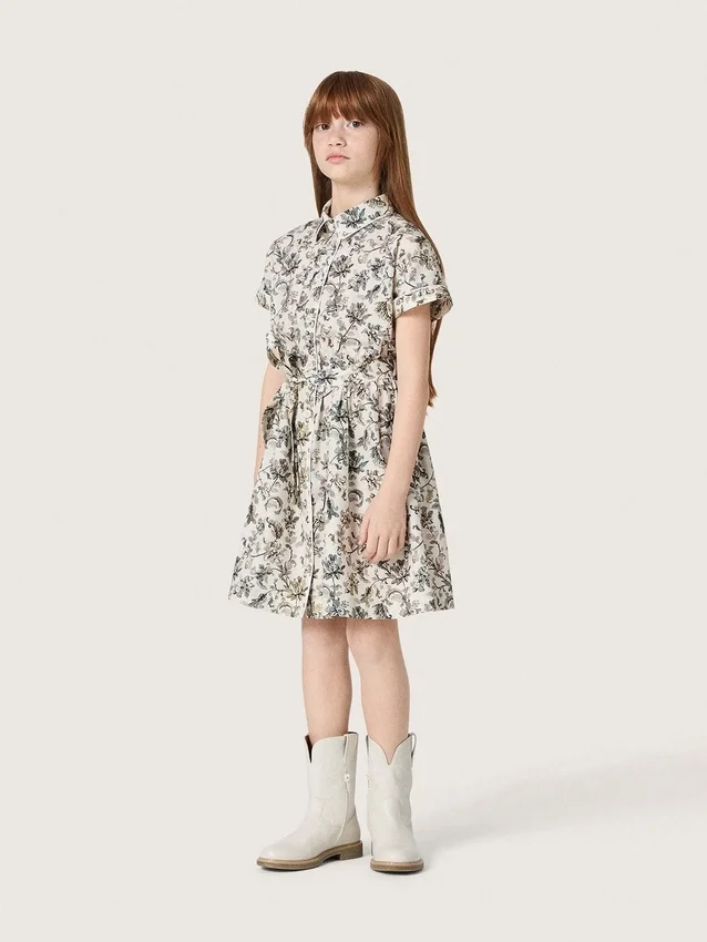 Journey-Mädchenkleid aus weissem Baumwoll-Canvas mit grünem Blumenprint