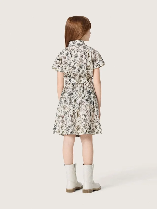 Journey-Mädchenkleid aus weissem Baumwoll-Canvas mit grünem Blumenprint