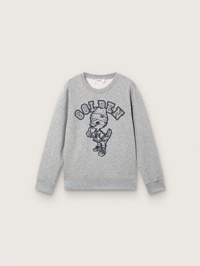 «Journey»-Sweatshirt mit Rundhalsausschnitt für Jungen aus grau melierter Baumwolle mit Maskottchen-Print