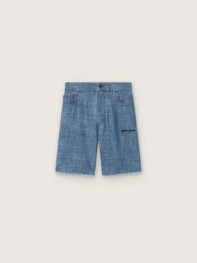 Journey Unisex-Shorts aus hellblauem Baumwoll-Chambray mit gesticktem Logo